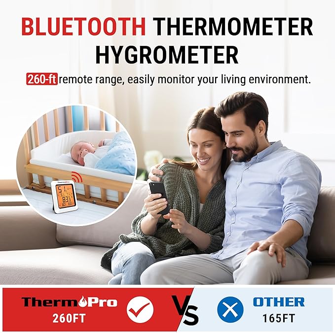 ThermoPro Hygrometer Thermometer for House TP350, Bluetooth Room Indoor Greenhouse Thermometer Monitor Up to 260FT, Backlit Humidity Meter Temperature Sensor with 2-Year Data Export