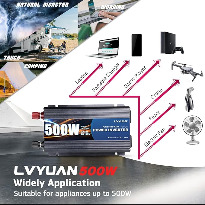 LVYUAN 500 Watt Pure Sine Wave Power Inverter 12V to 110V/120V DC to AC Converter with Dual Sockets, Dual USB Ports, LED Display for Home Outdoor RV Car Power Inverter Power Adapter