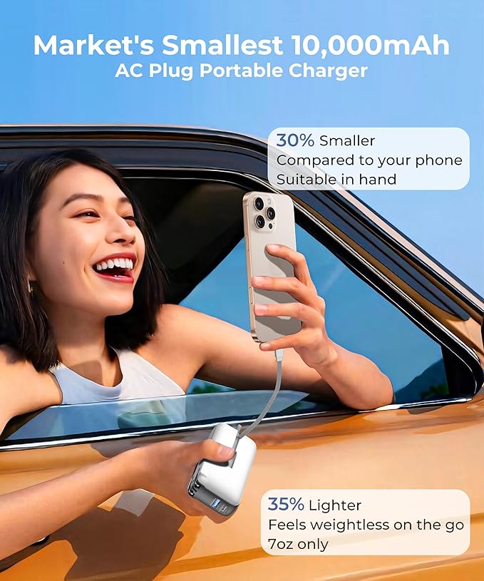 1 Pack Portable Charger with Built-in USB-C Cable & Plug, 10,000mAh 5V/4.5A Power Bank Fast Charging 22.5W, Travel Essential Battery Pack 3 Output for iPhone 16/15 Series, Samsung Galaxy, iPad