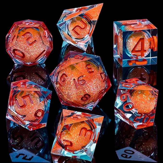 ARUOHHA Liquid Core DND Dice Set, 7pcs Resin Sharp Edged Dragons Dice Role Playing Games, RPG Orange Dungeons Polyhedral Dice with Gift Box D20 D12 D10 D8 D6 D4