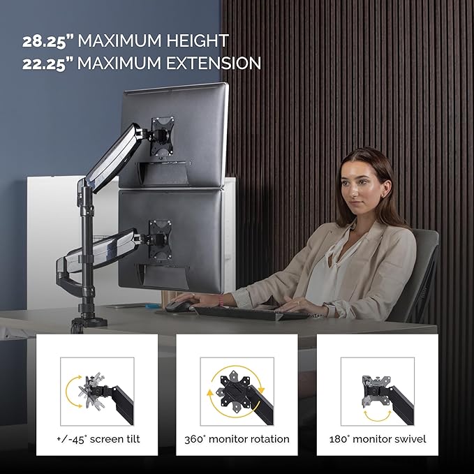 Fellowes 8043401 Platinum Series Stacked Monitor Mount, Adjustable Computer Monitor Stand for 2 Monitors with Dual Monitor Arms, 32 Inch Monitor Capacity