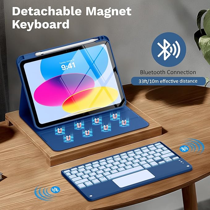 MoKo Touch Keyboard Case for iPad (A16) 11th Generation 11 inch 2025, iPad 10th Generation 10.9 inch Case with Pencil Holder, 7 Colors Backlit Multi-TrackPad Detachable Bluetooth Keyboard, Navy Blue
