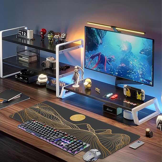 Abstract Golden Mountain Desk Mat,Large Gold Line Art Gaming Keyboard Mouse Pad,Non-Slip Rubber Base Desk Pad Thick Stitched Edges Waterproof Mousepad Mouse Mat 31.5"x11.8"