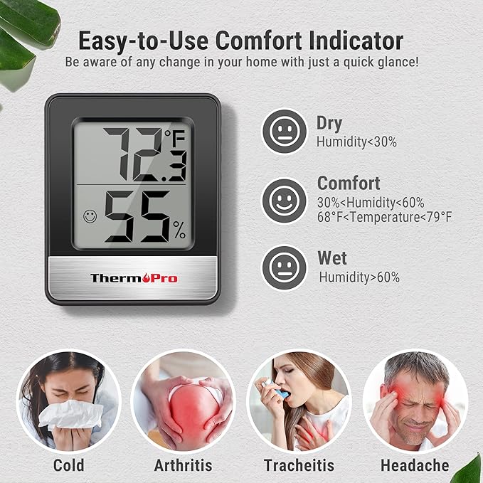 ThermoPro TP49 2 Pieces Digital Hygrometer Indoor Thermometer Humidity Meter Room Thermometer with Temperature and Humidity Monitor Mini Hygrometer Black Weather Station