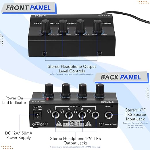 Pyle 4-Channel Portable Stereo Headphone Amplifier - Professional Multi Channel Mini Earphone Splitter Amp w/ 4 ¼” Balanced TRS Headphones Output Jack and 1/4" TRS Audio Input For Sound Mixer