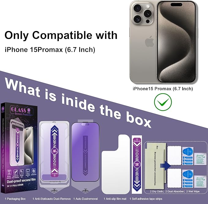 2 Pack Anti Blue Light Matte Screen Protector for iPhone 15 Pro Max, 9H Tempered Glass, Full Coverage, Anti-Fingerprint, Auto Dust-Elimination, No Bubble, Easy Installation