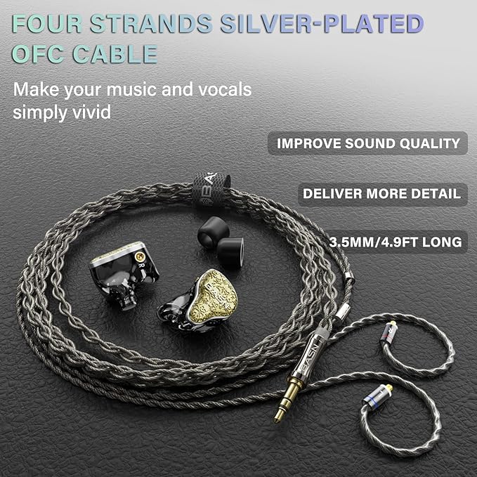 BASN Bmaster5 in Ear Monitors, 5 Drivers Drummer Headphones with Powerful Bass, Noise Isolation IEM Earbuds with Detachable MMCX Sliver-Plated OFC Cable for Musicians (Starlight Gold, MMCX)