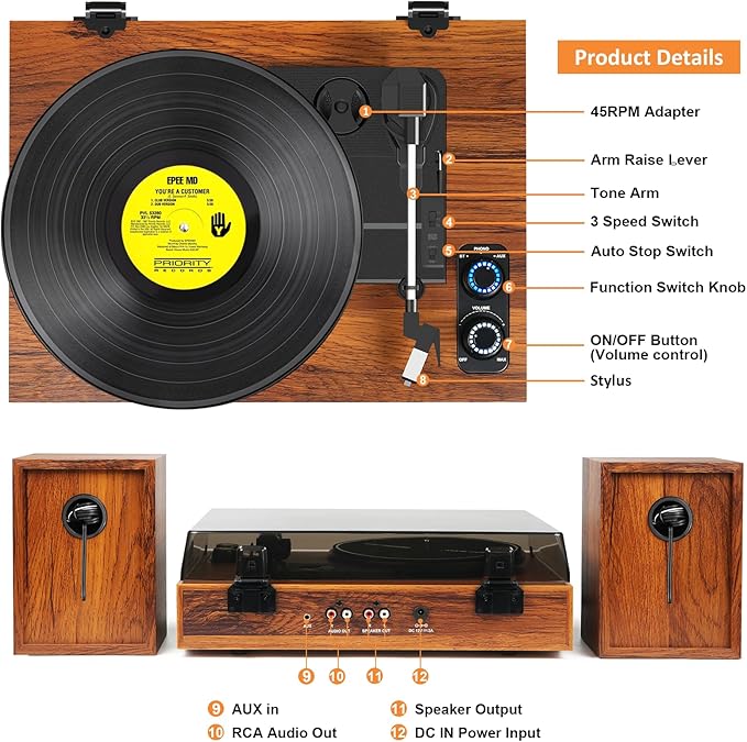 Vinyl Record Player with External Speakers, 3 Speed Bluetooth Turntable for Vinyl Records, Vintage Belt Drive Record Player with Stereo Speakers and Auto Stop, RCA Audio Out and Aux-in,Light Wood