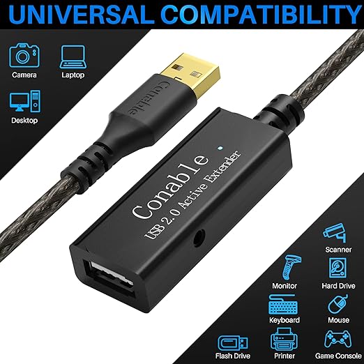 Active USB Extension Cable 50 Feet, USB 2.0 A Male to Female Cord (from 2ft to 150ft for Selection), with an Extension Chipset Signal Booster, 22AWG Tinned Pure Copper, (AC Power Supply Included)