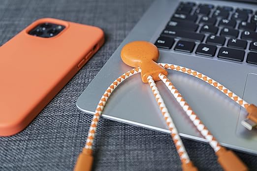 Multi USB Cable 4 in 1 - Universal Charger Made from Recycled Plastic - USB, USB-C, Lighting, Micro USB Ports - Compatible with All Smartphones Mr Bio Blue Octopus (Orange)