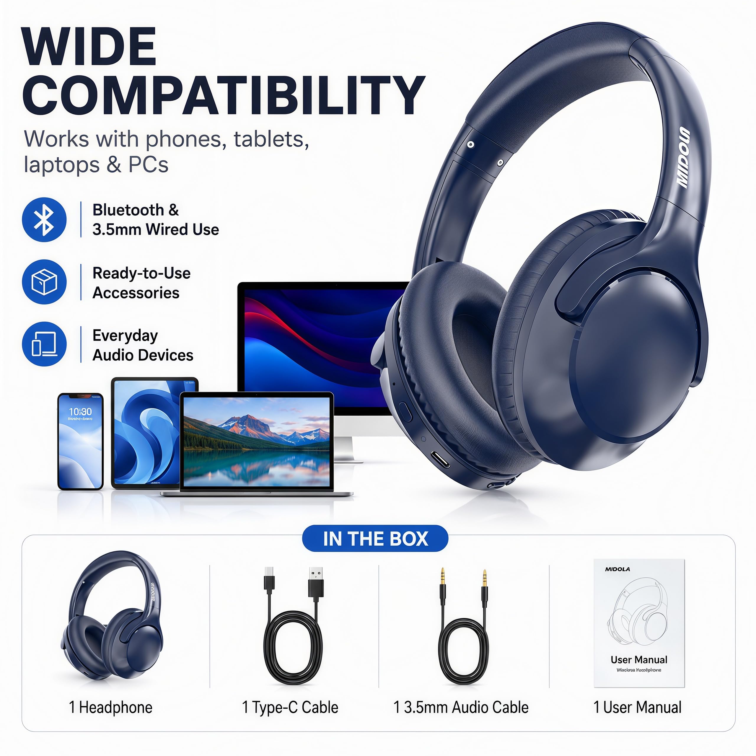 MIDOLA Bluetooth Headphones Over Ear, 68H Playtime Wireless Headphones with Microphone, 6 EQ Modes, HiFi Stereo Deep Bass, Foldable Lightweight Headset for Home Office, Cellphone, PC, Blue