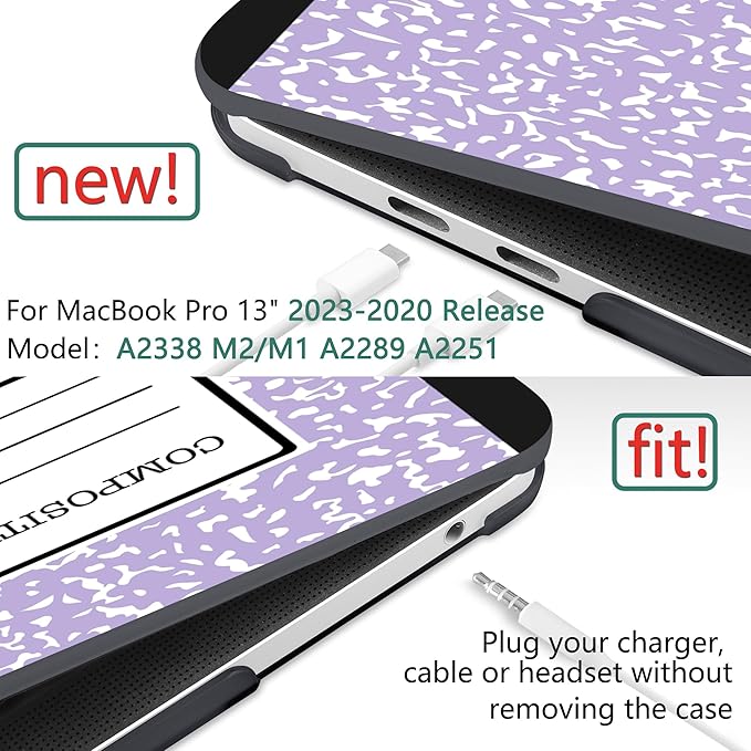 MEEgoodo Case for MacBook Pro 13 inch Case with M2 Chip 2022 2021 2020 New A2338 M1 A2251 A2289, Hard Shell with Keyboard & Camera Cover Compatible with 13 inch MacBook Pro, Composition Book Purple