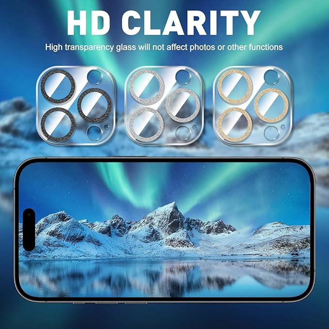 LucBuy 3PCS Sparkling Camera Lens Protector for iPhone 12 Pro, Full Clear Acrylic Cover with Shiny Colorful Glitter Designed Decoration Back Camera Protector