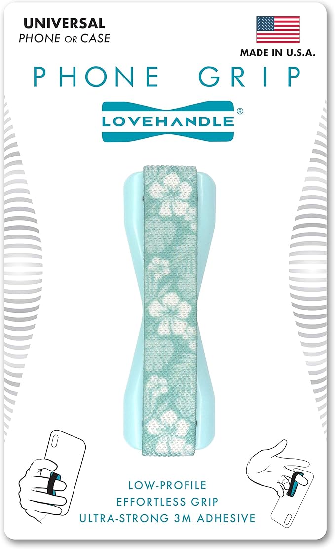 LOVEHANDLE Universal Phone Grip for Smartphones & Mini Tablets - Phone Holder for Hand - Wireless Charging Compatible - Made in The USA - Blue Hawaii