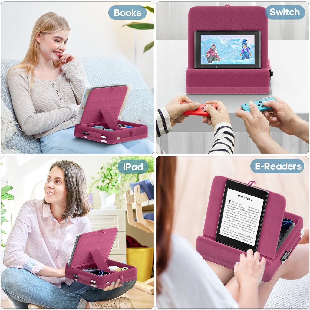 KDD Tablet Pillow Stand with Storage, Foldable iPad Holder for Lap, Desk and Bed, Angle Adjustable Soft Pad Dock with Stylus Mount Compatible with iPad Pro, Air, mini, Book, Phone and Tablet (4-13")