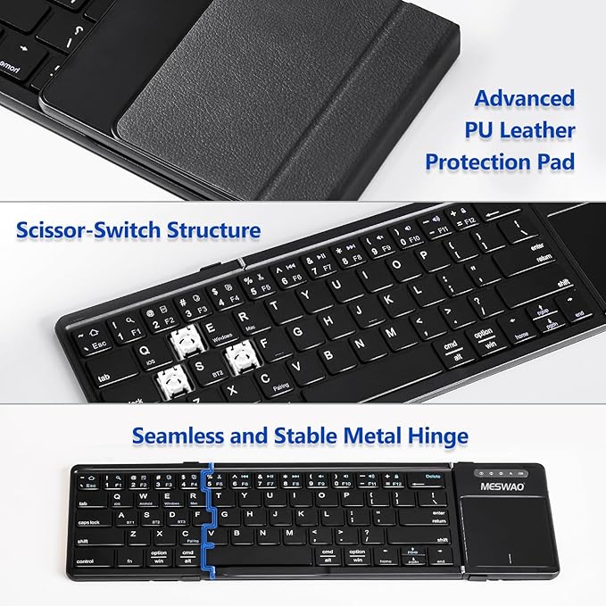 Foldable Bluetooth Keyboard with Touchpad, Wireless Folding Keyboards with PU Leather (Sync up to 3 Devices), Full-Size Portable Keyboard for Android/Windows/iOS