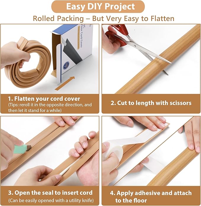 Floor Cord Cover 10ft, Cord Hider Floor Gray Wood, Cable Management Prevent Trips, Cable Cover Wire Covers for Electric Power Cords, Wire Protector Cavity W0.47in x H0.28in Grey