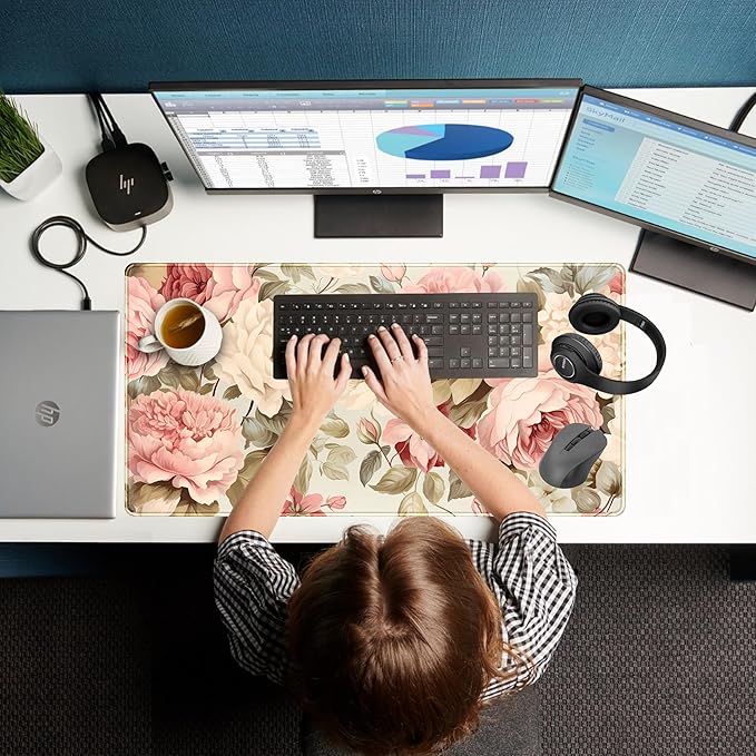 Cute Floral Desk Mat Pastel Roses Gaming Mouse Pad XXL Large Extended Flowers Desk Pad, Laptop Keyboard and Mouse Mat with Stitched Edges, Women Computer Desktop Mat Gamer Playmat 31.5x15.7 in