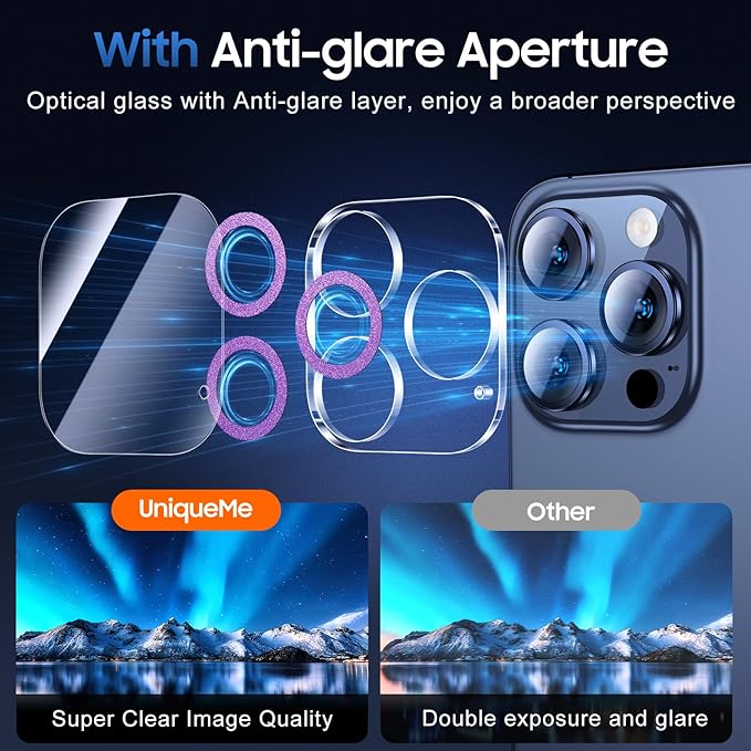UniqueMe for 3 Pack iPhone 15 Pro/iPhone 15 Pro Max Camera Lens Protector, [Drop Protection] [Case Friendly] 9H Tempered Glass Camera Cover Screen [Update New Version] - Dark Purple