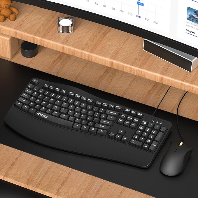 Ergonomic Keyboard, Wired Computer USB Keyboard with Wrist Rest, Spill-Resistant, Wave Keys for Natural Typing, Compatible with Windows/PC/Laptop(Black)