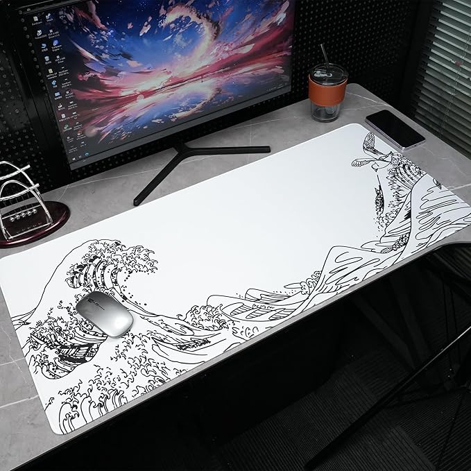 Large Gaming Mouse Pad for Desk,Kanagawa XXL Mouse Pad 35.4x15.7 Inch,Waterproof Desk Pad,Non-Slip Rubber Base Mice Pad,Keyboard Pad Computer Mat,White Mouse pad