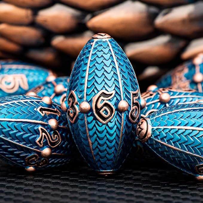 ARUOHHA DND Metal Dice Copper Blue Dragon Egg Dice with Metal Box, Role Playing Game RPG Polyhedral D and D Dice Set D20 D12 D10 D8 D6 D4