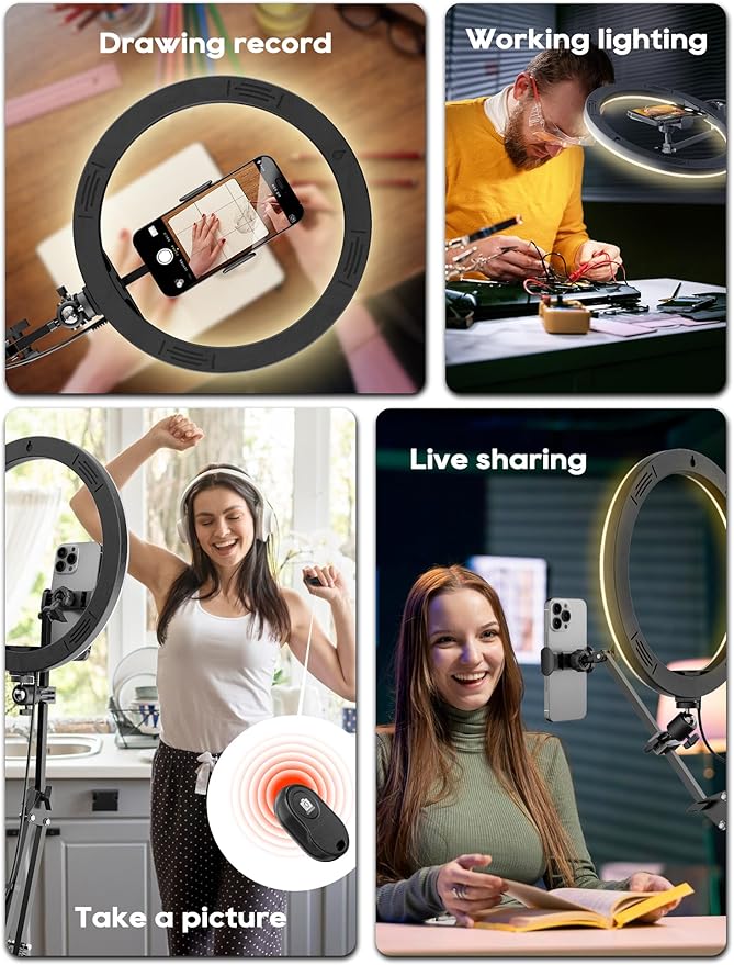 Upgrade Ring Light Overhead Phone Mount, 12”Circle LED Desk Ring Light with Clamp for Video Recording,Flexible Articulating Phone Arm Stand Compatible with iPhone,Live Streaming YouTube Tiktok