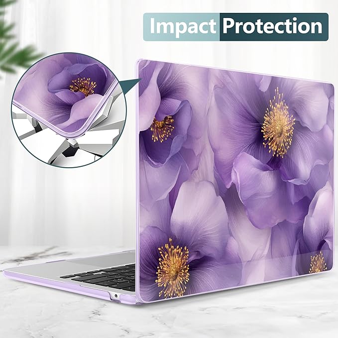 TWOLSKOO Compatible with M4 MacBook Air 15 inch Case 2025-2023 Released Model M4 A3241 M3 A3114 M2 A2941, Plastic Hard Shell & Screen Protector & Keyboard Cover & Type C Adapter, Purple Flowers