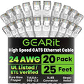 GEARit Cat 6 Ethernet Cable (20-Pack 25 Feet) Cat6 Network Patch, 10Gbps, RJ45, Snagless Cord, Gold-Plated Connectors, Internet for PC, TV, Tablet, Router, Printer, Servers, IT Data Center - White