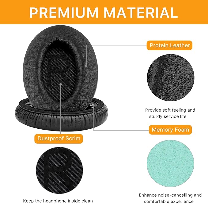 Replacement Ear Pads for Bose QuietComfort 35 (QC35) & Quiet Comfort 35 II (QC 35 ii) Headphones, EarPads Cushions with Noise Isolation Memory Foam, Softer Protein Leather, Added Thickness