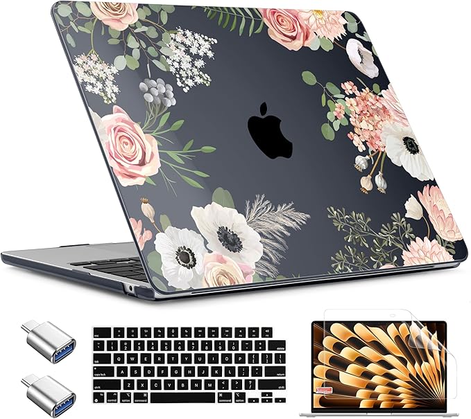 TWOLSKOO Compatible with M4 MacBook Air 13.6 inch Case 2025-2022 Release M4 A3240 M3 A3113 M2 A2681, Plastic Hard Shell & Keyboard Cover & Type C Adapter & Screen Protector, Rose Flower