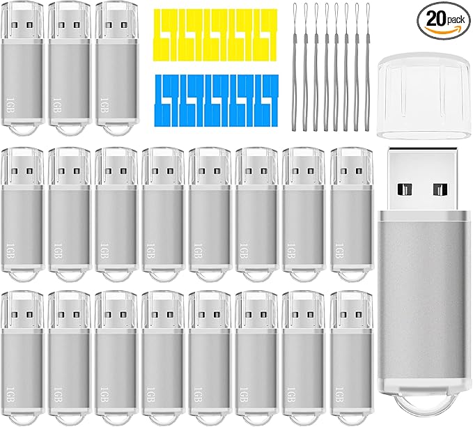 1GB USB Flash Drives 20 Pack, Memorias USB Thumb Drive 2.0 Memory Stick Fat Zip Drive 1 GB Jump Drives Multipack Pendrive with Landards and Lables (Sliver, 1Count 20 Packs)