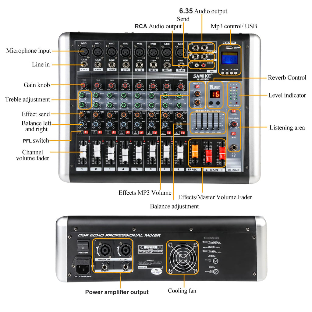 Mixers Audio 8 Channel Mixer Power Mixer Amplifier 2 * 300 Watt Output Dj Mixer Board with 16 Kinds of DSP Reverb Sound Mixers for Speakers