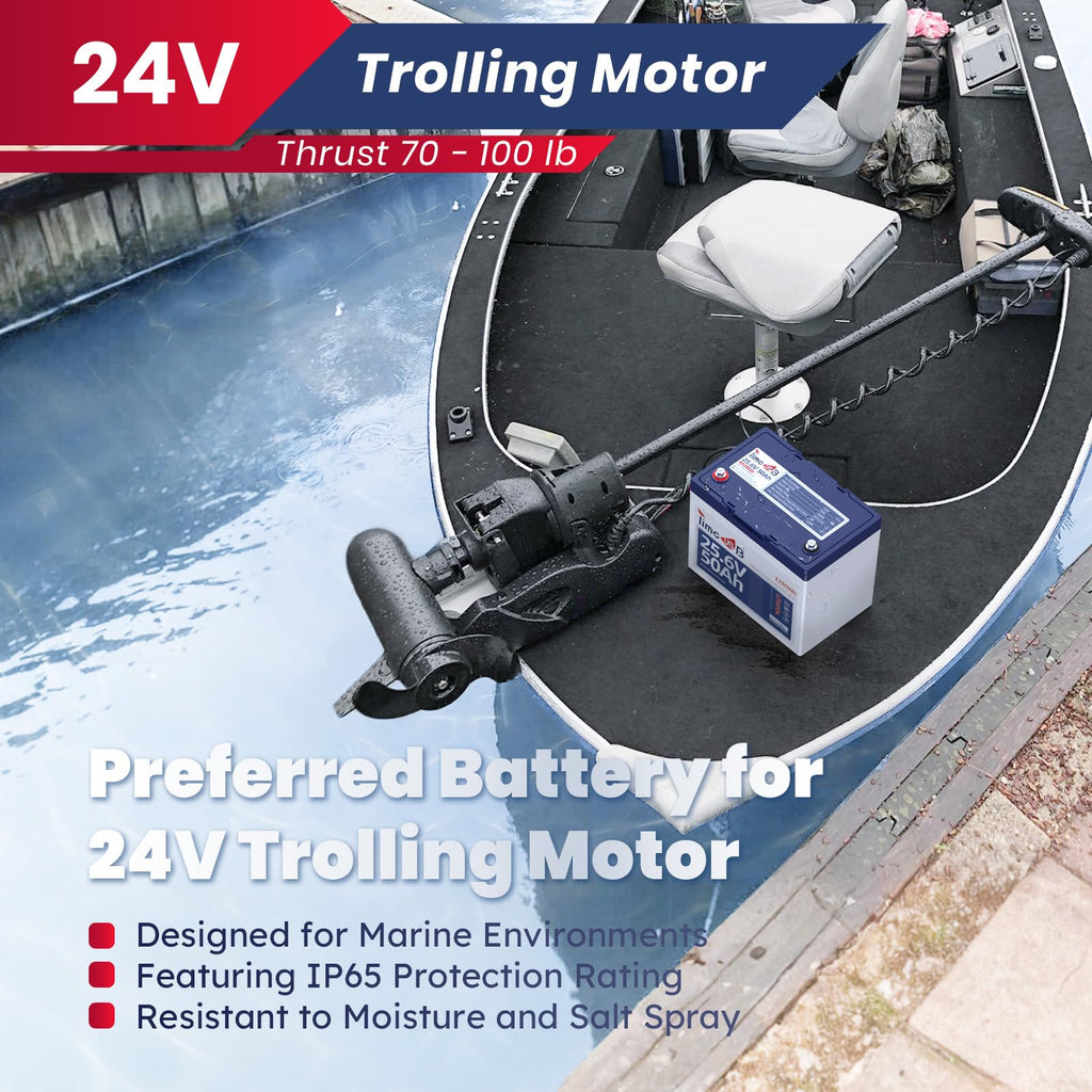 Timeusb 24V 50Ah Trolling Motor LiFePO4 Lithium Battery for Marine, Boat