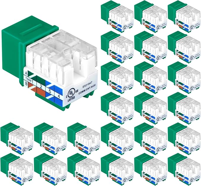 VCE UL Listed Cat6 RJ45 Keystone Jack Insert 25-Pack, 90 Degree Punch Down Keystone Jack Adapter Slim Profile Green