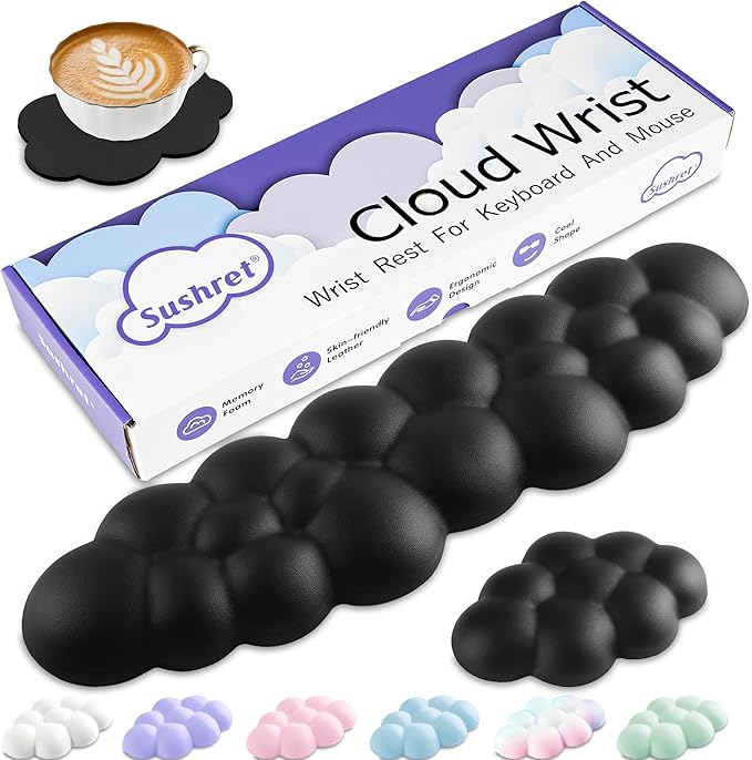 Cloud Wrist Rest Keyboard, Cloud Keyboard Wrist Pad Set with PU Leather Memory Foam, Cute Arm Rest for Palm Support, PC/Gaming Desk Accessories/Office Setup/Computer Hand Cushion - Black