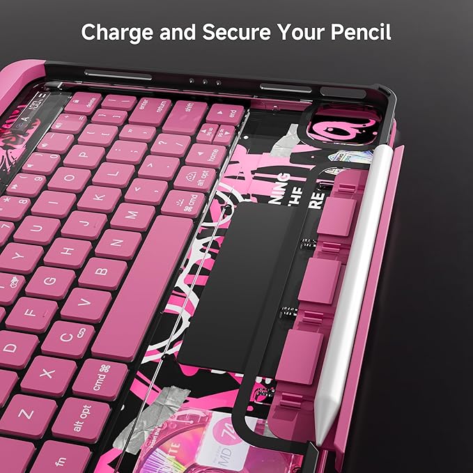 iPad Keyboard Case for 2024 M4 iPad Pro 13 inch, Magic Wireless Keyboard with Trackpad 7 Color Backlit, 360° Rotating Stand Transparent Protective Cover with Pencil Holder (Pink)