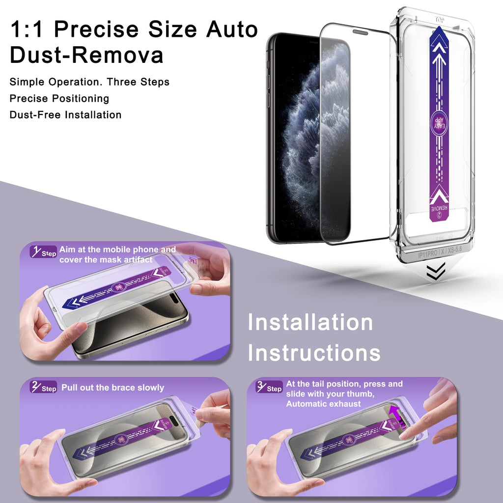 CHRYSHA 2-Pack Screen Protector Tempered Glass for iPhone 11 Pro and iPhone XS and iPhone X 5.8-Inch, Auto Dust Removal, No Bubbles, High Definition Clear, Easy Installation