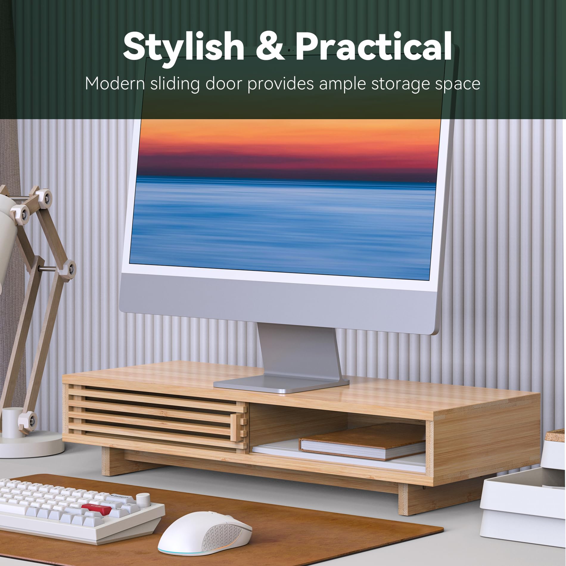 WELL WENG 25" Monitor Stand with Sliding Doors Desk Shelf Bamboo