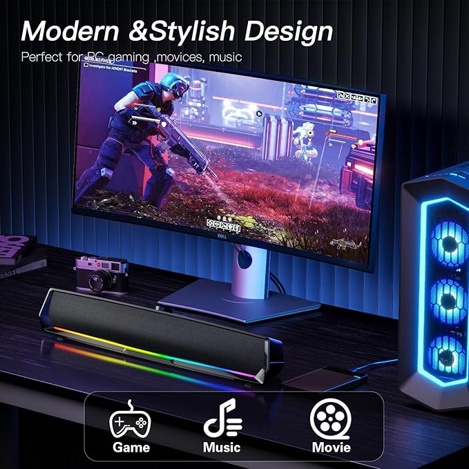 Computer Speakers for Desktop,PC Speakers Gaming Sound bar with Colorful Light,USB Speaker with Bluetooth for PCs Monitor Laptop Tablets,Wired Bluetooth Speaker for Phones(Type-C Adapter Included)