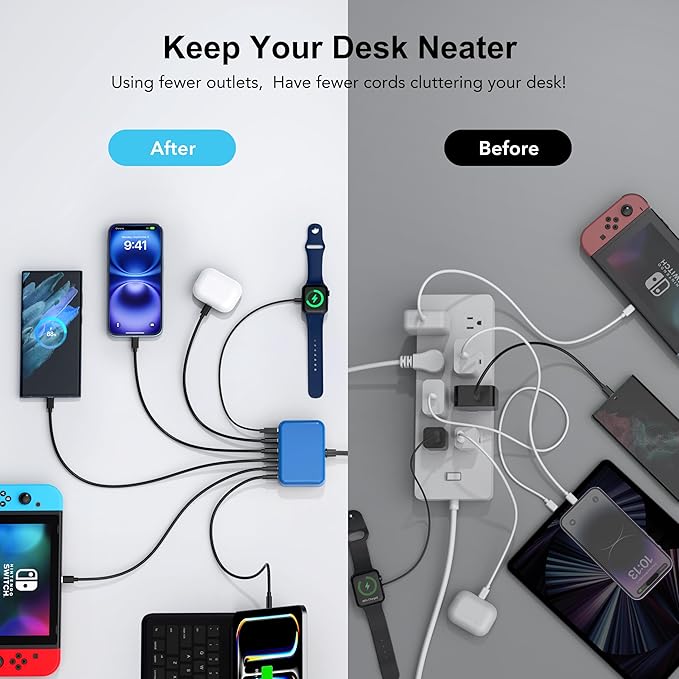 USB C Fast Charger 100W GaN 6 Port Type USB C Charging Station Hub Block Wall Charger Power Strip Adapter Plug Cube Brick 3 USB A for iPad iPhone16 15 14 13 12 11 Pro Max Pixel Note Galaxy