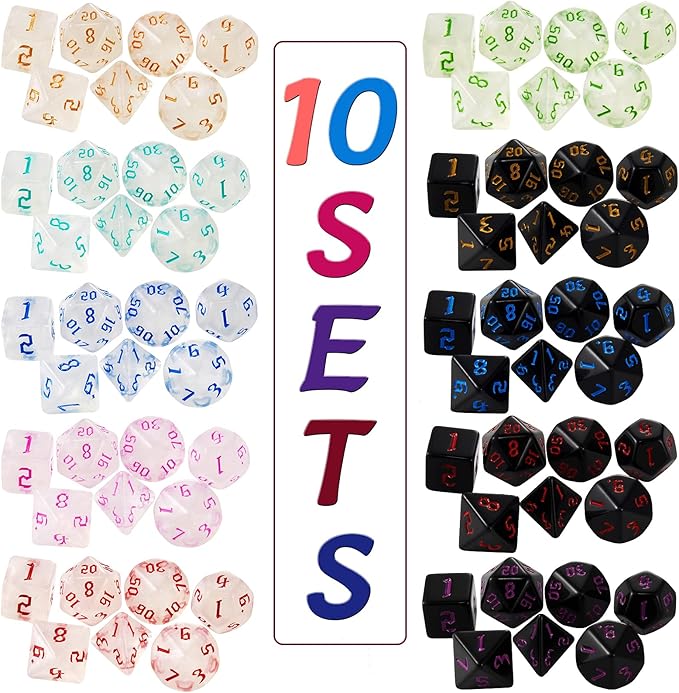 DND Dice, 10 X 7 (70 Pieces) Polyhedral Dice Set for Dungeons and Dragons DND RPG MTG Table Games D4 D6 D8 D10 D% D12 D20 with 10 Pack Black Bags