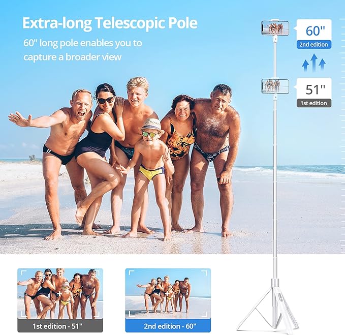 ATUMTEK 60" Selfie Stick Tripod, All in One Extendable Phone Tripod Stand with Bluetooth Remote 360° Rotation for iPhone and Android Phone Selfies, Video Recording, Vlogging, Live Streaming, White
