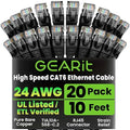 GearIT Cat 6 Ethernet Cable Pack - 20-Pack 10 ft Cat6 Ethernet Patch Cables | RJ45 Network Patch Cable, 10 Gbps Snagless Gold-Plated Connectors - Ethernet Cable Cat 6 for PC, TV, Router - Black