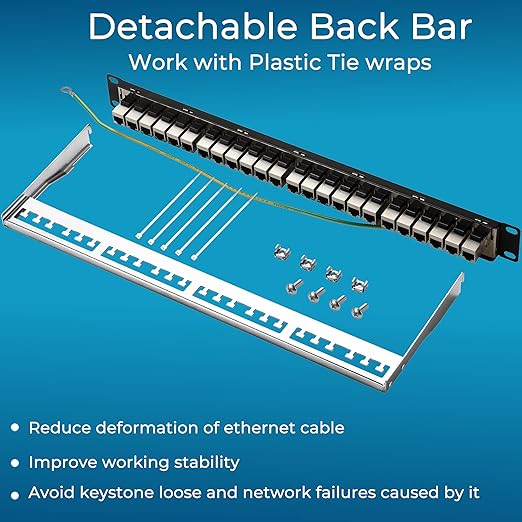 Rapink Patch Panel 24 Port Cat6A with Inline Keystone 10G Support, Coupler Patch Panel STP Shielded 19-Inch with Removable Back Bar, 1U Network Panel for Cat7, Cat6, Cat6A, Cat5e