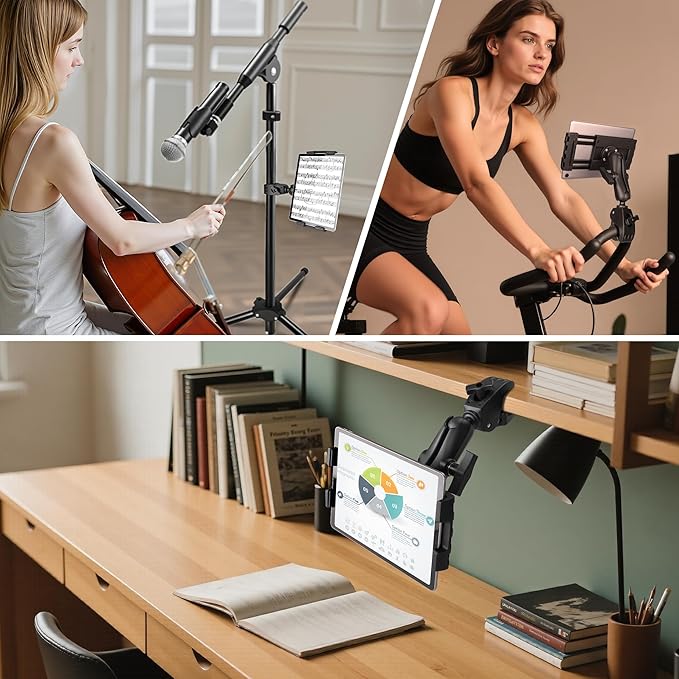 Aluminum iPad Tablet Mount Holder, Kitchen Tablet Holder for UTV/Desk/Chair/Fitness Bike/Mic Stand/Fitness Bike/Road Mountain Bicycle, 360° Adjustable Clamp Compatible with 7.5''-13'' iPad