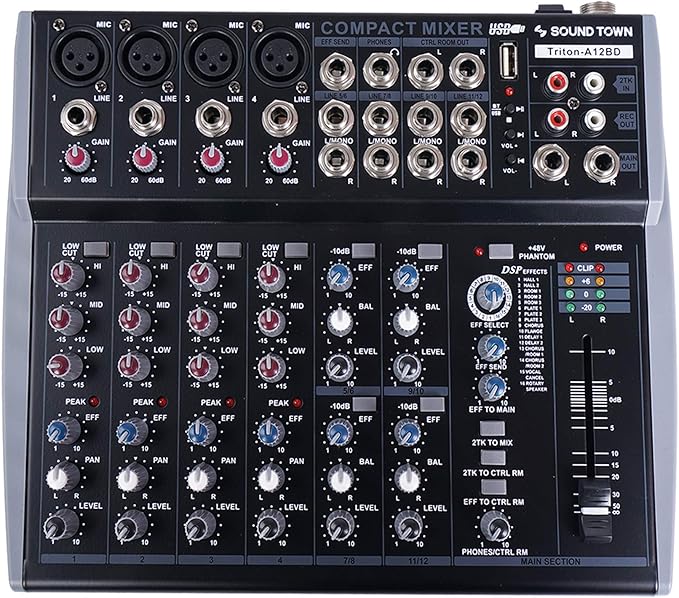 Sound Town Professional 12-Channel Audio Mixer with USB interface, Recording, EQ, Bluetooth, DSP and 48V Phantom (TRITON-A12BD)