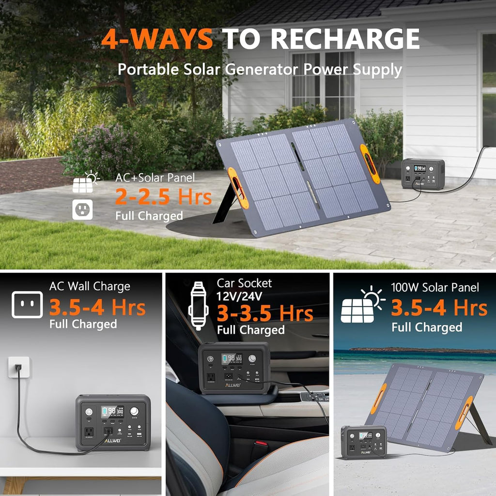 ALLWEI 300W 256Wh Power Station + 100W Solar Panel, LiFePO4 Solar Generator