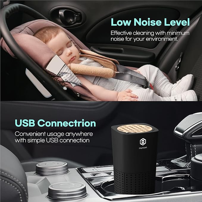 IMUNSEN M-003B True HEPA 13 Filter Air Purifier for Car, Desk, and Office with Carbon Deodorization Filter, 4-Stage Filtration, Smoke, Odors, Allergens, USB Port 5V, Made in Korea - Black