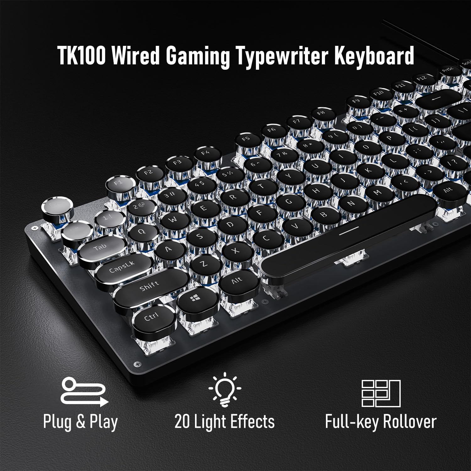 SEUNKWANG Typewriter Style Mechanical Gaming Keyboard with White Backlit, Wired Retro Punk Computer Keyboard Durable Metal Panel, Clicky Blue Switch, Round Keycaps, Full-size for PC/Desktop/Win, Black